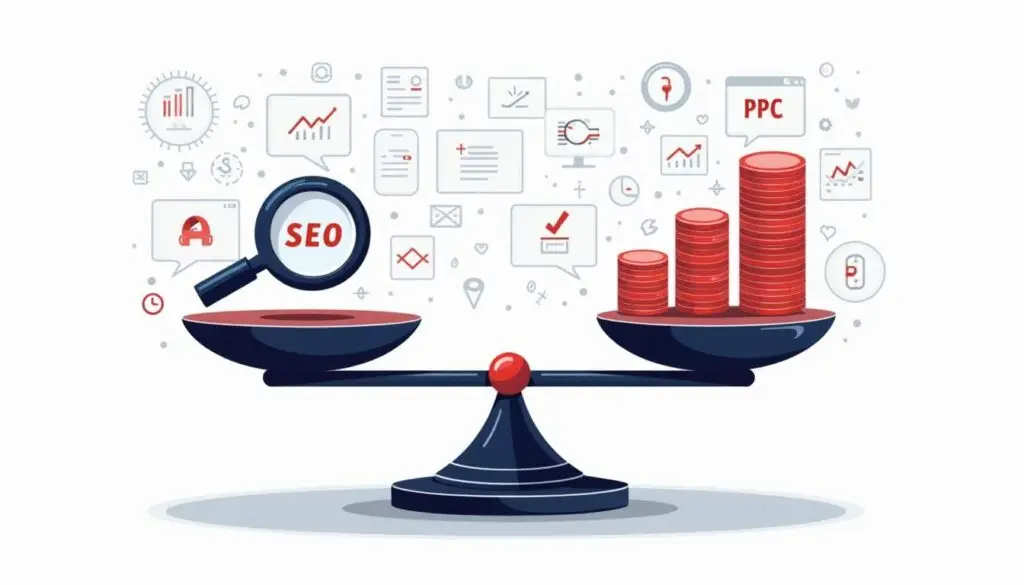An intricate scale balancing two distinct elements: a magnifying glass representing seo on one side and a stack of coins symbolizing ppc on the other