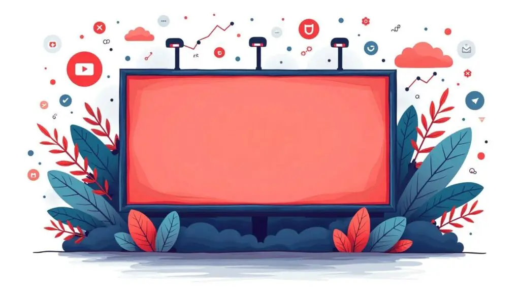 An eye-catching digital billboard surrounded by various online advertising elements like social media icons
