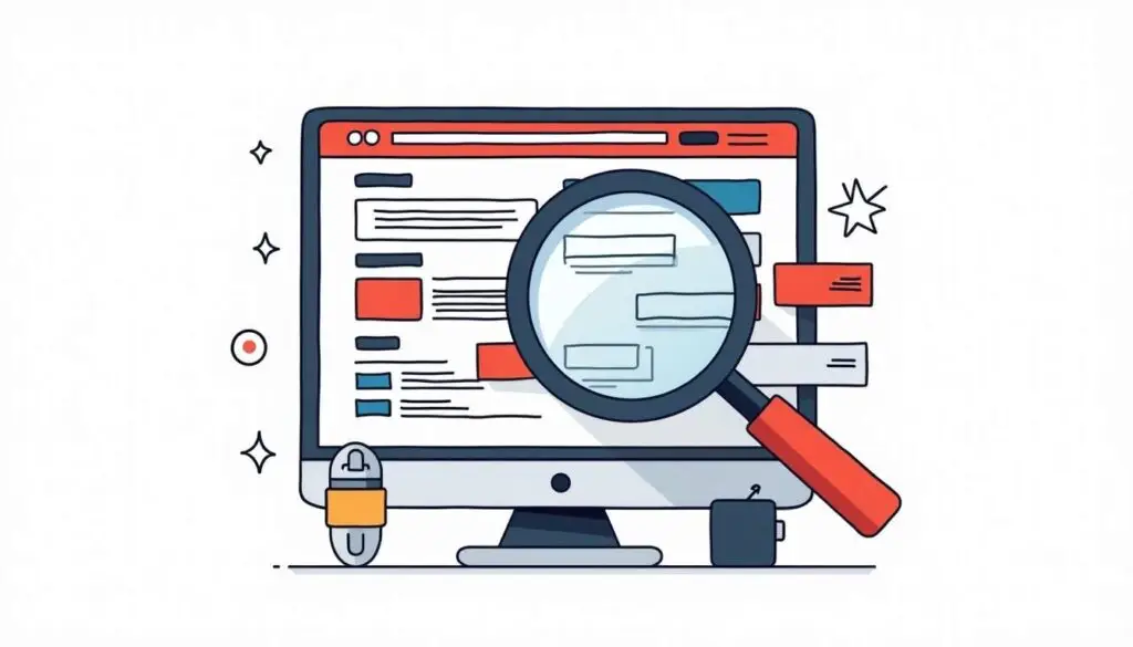 A magnifying glass hovering over a digital screen displaying a variety of colorful keyword tags and search results