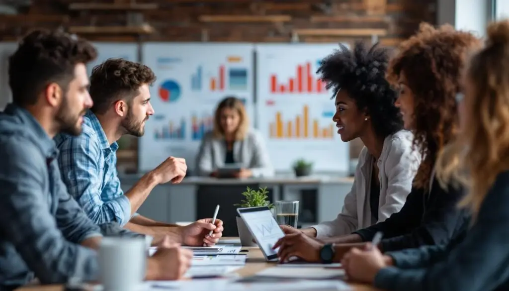A photograph of a diverse group of professionals engaged in a dynamic brainstorming session