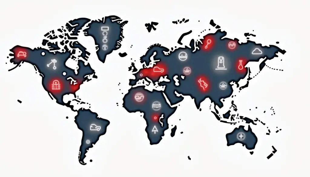 An abstract map highlighting various regions with distinct hvac-related icons