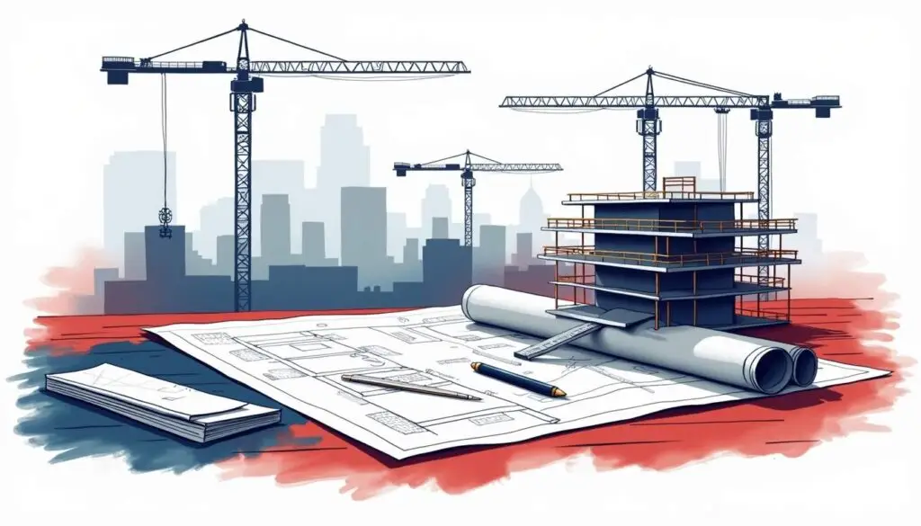 An architect's desk featuring blueprints