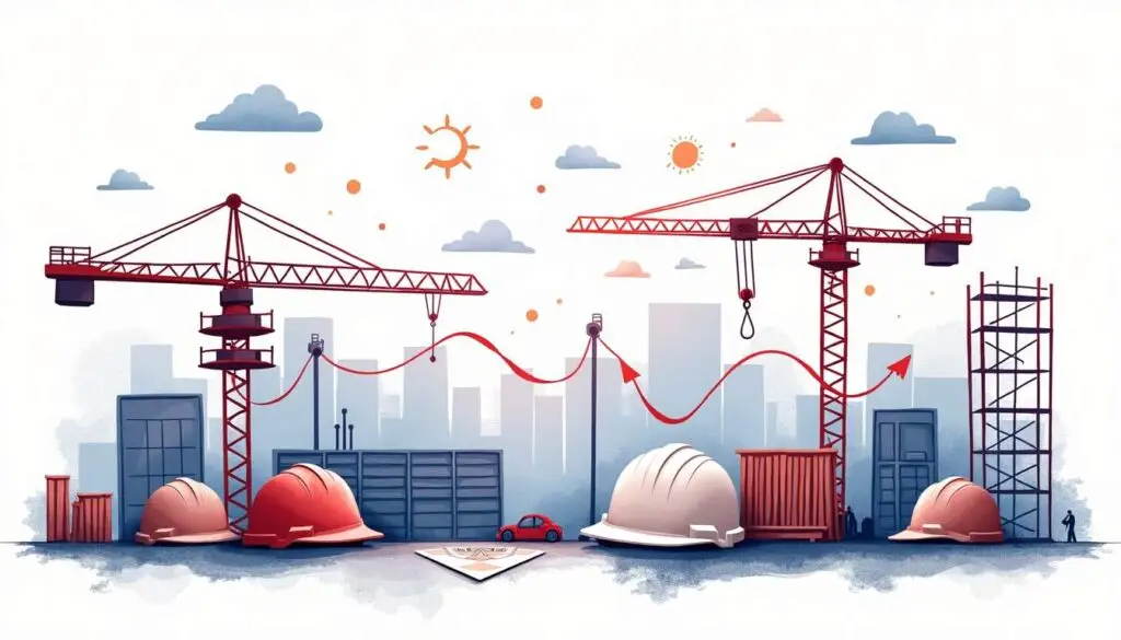 An abstract construction site scene featuring essential tools