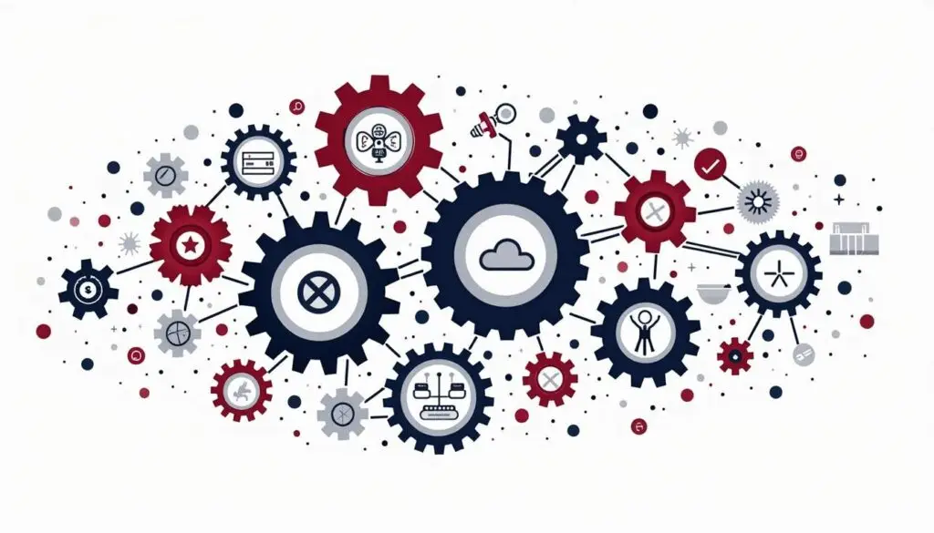 An interconnected network of gears and cogs symbolizing the various factors that contribute to employee satisfaction and retention in a managed service provider (msp) environment