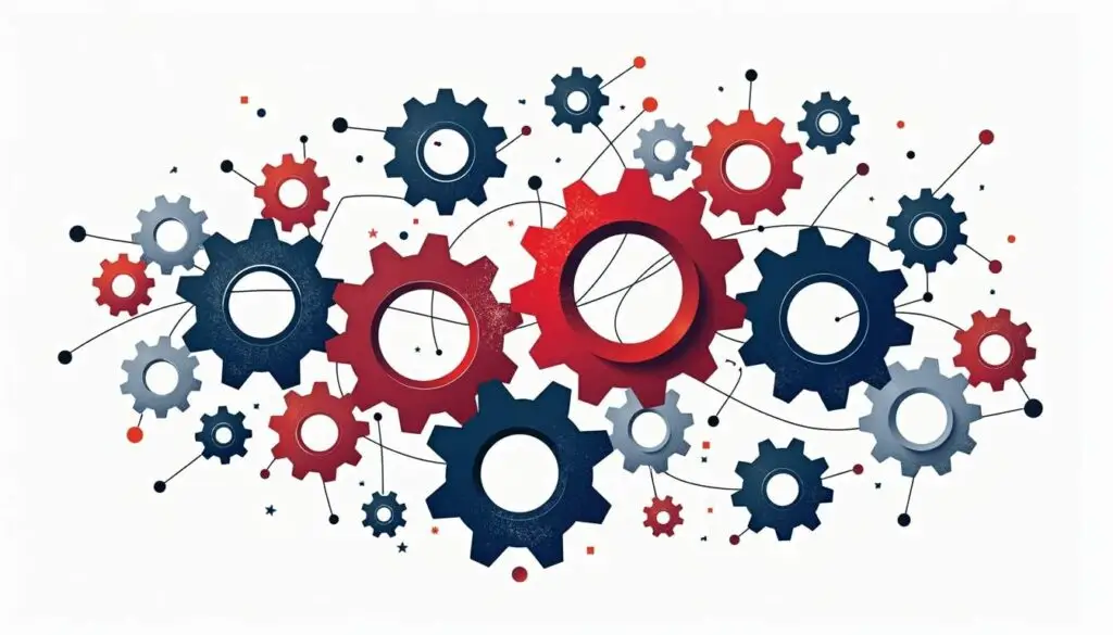An interconnected network of gears and cogs