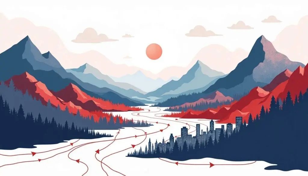 An expansive landscape featuring diverse geographical elements such as mountains