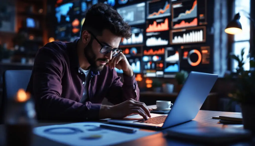 A photograph of a focused photographer analyzing data on a laptop