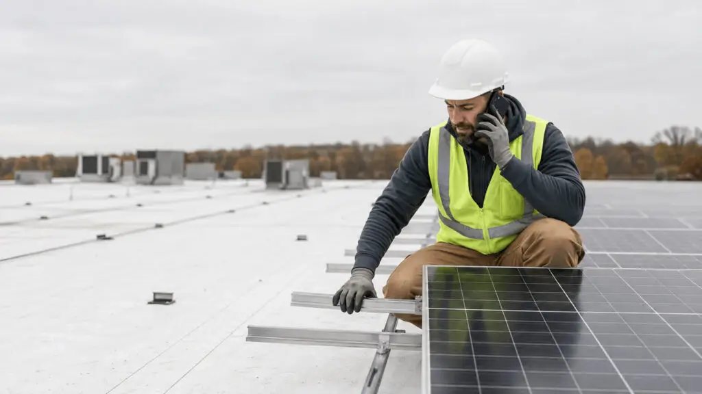 A commercial solar installer assessing a flat rooftop for a solar array