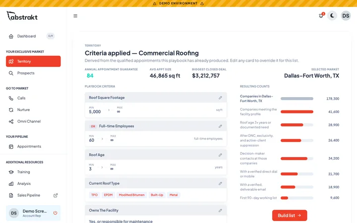 Abstrakt Intelligence demo screen: editable list criteria for an industry playbook