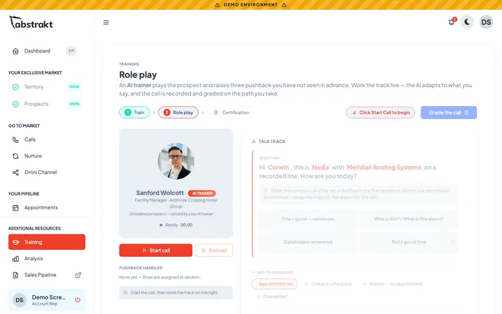 Abstrakt Intelligence demo screen: an AI trainer role play with the talk track beside it