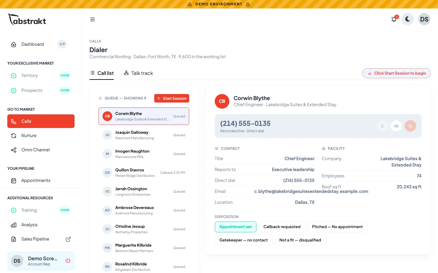 Abstrakt Intelligence demo: the dialer with a queue of decision-makers and the contact, facility and disposition panel for the current call