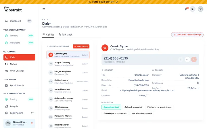 Abstrakt Intelligence demo screen: the dialer with the contact record and call dispositions