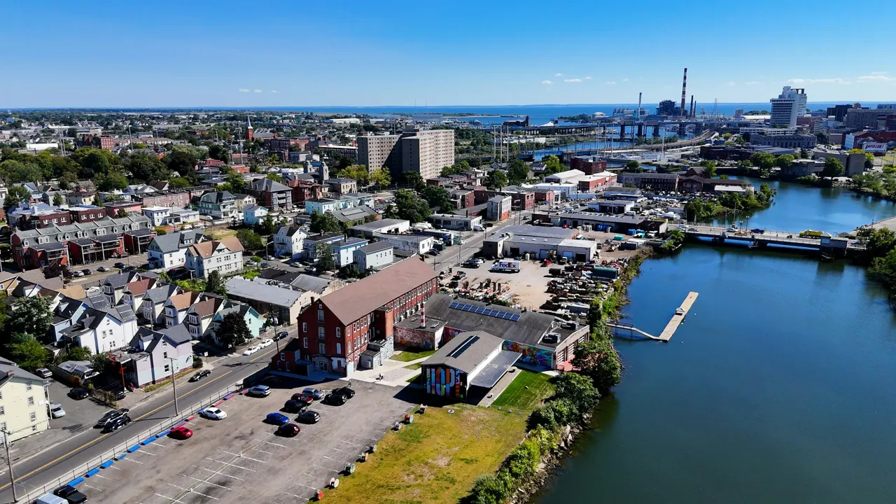 Aerial view of Bridgeport, Connecticut and its harbor