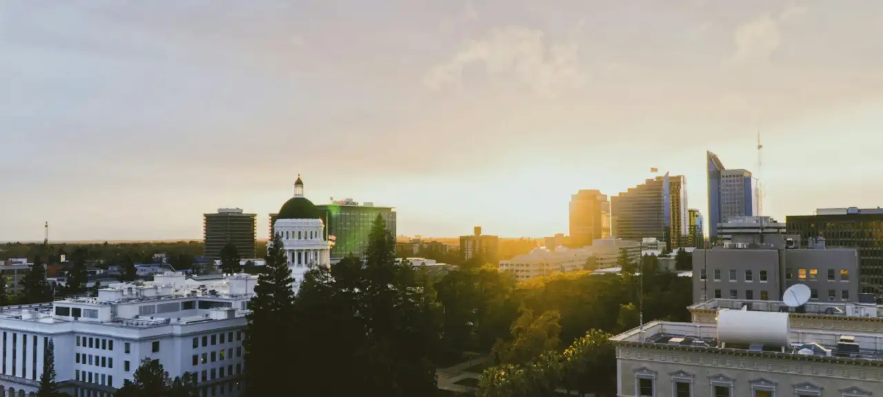 Downtown Sacramento and the California State Capitol at sunset