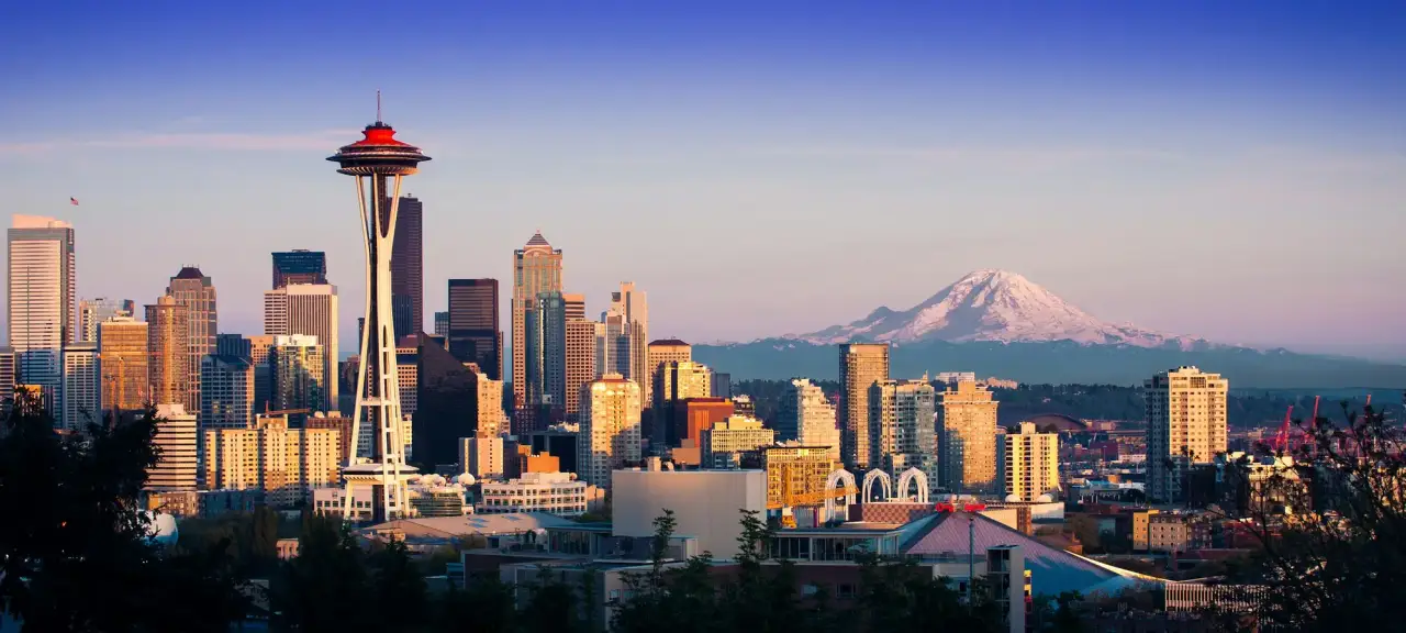 Seattle skyline and Space Needle with Mount Rainier