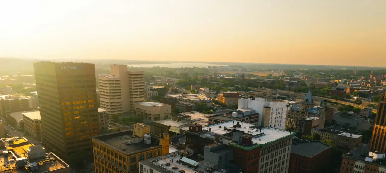 Downtown Syracuse from above at sunrise