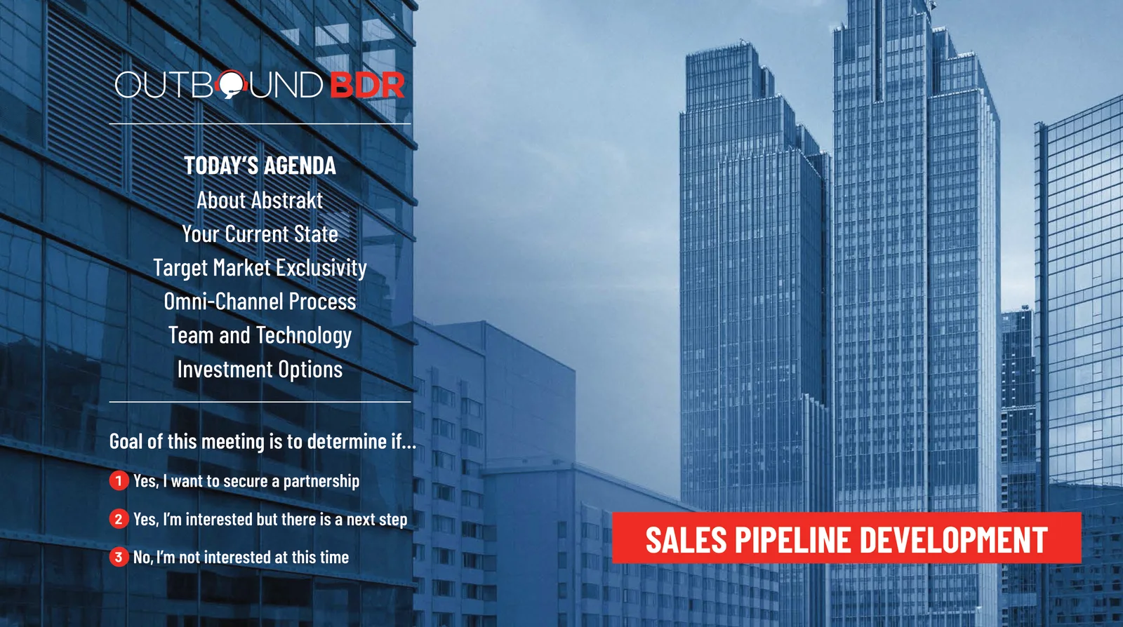 Cover slide: Sales Pipeline Development agenda covering About Abstrakt, your current state, target market exclusivity, the omni-channel process, team and technology, and investment options