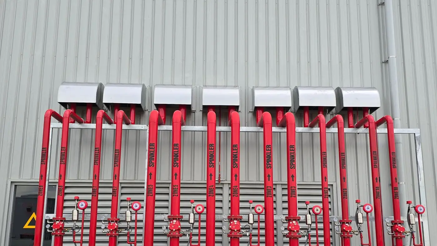 Fire sprinkler risers on a commercial building